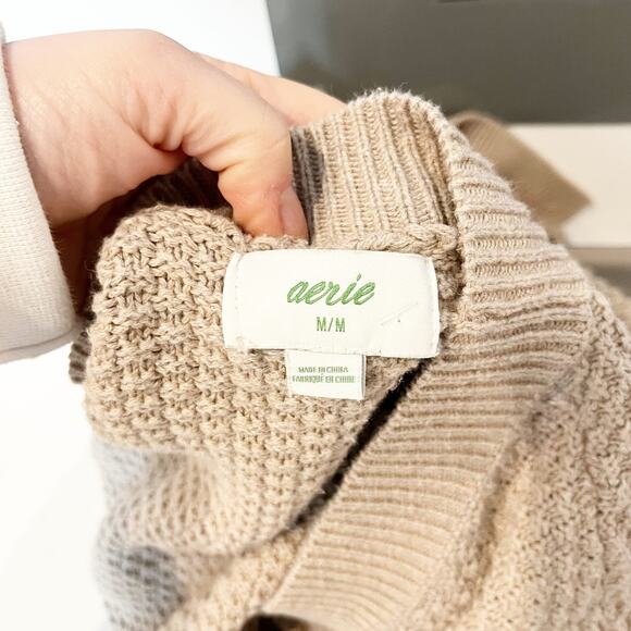 Aerie Oversized Varsity Textured Button Up V Neck Cardigan Sweater Oatmeal Tan M - Picture 3 of 5